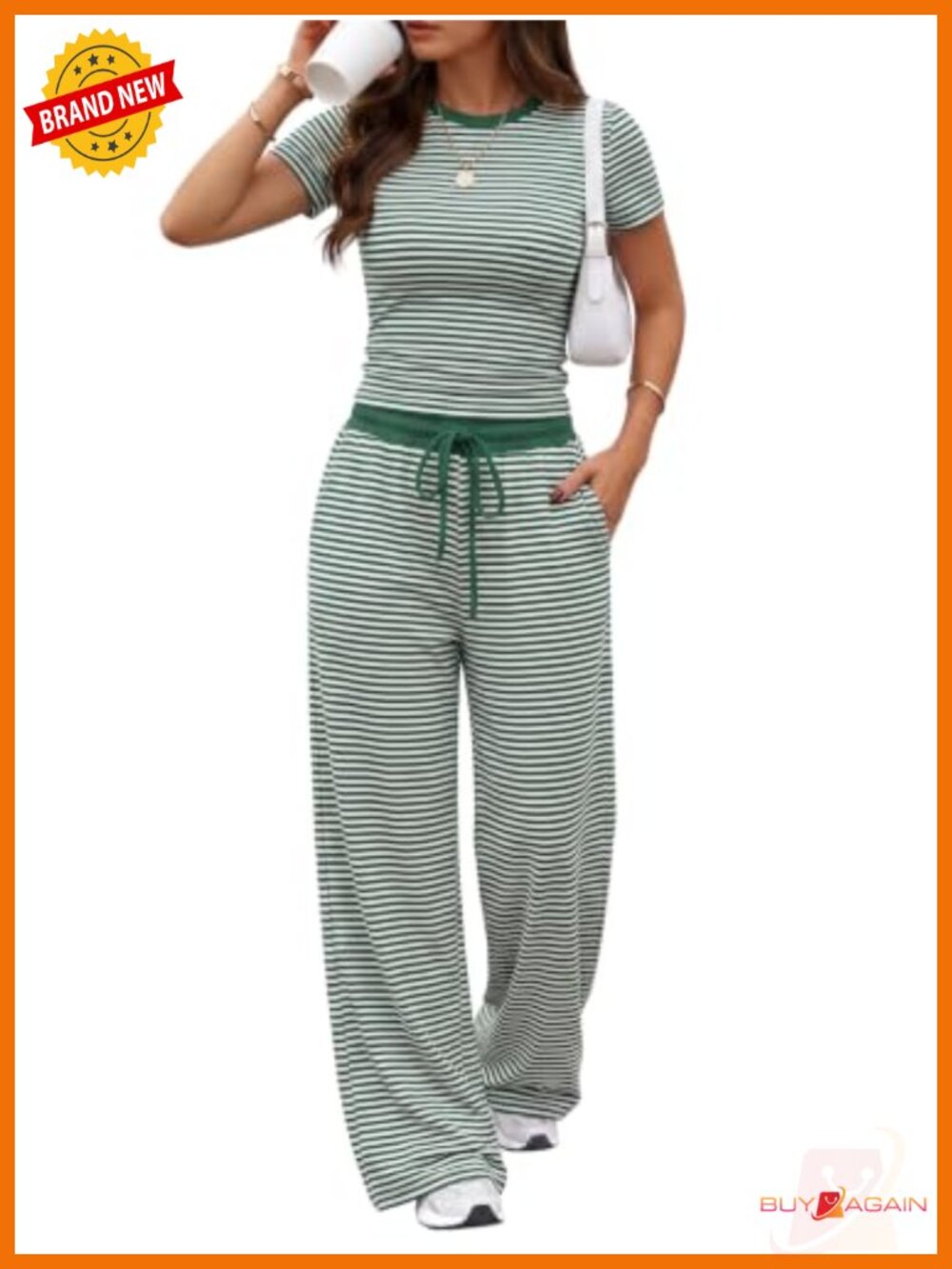 Women's 2 Piece Cotton Lounge Set Short Sleeve Wide Leg Pants Travel Outfit